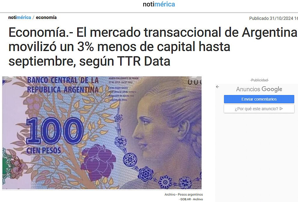 Economa.- El mercado transaccional de Argentina moviliz un 3% menos de capital hasta septiembre, segn TTR Data